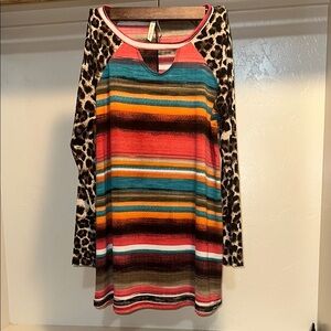 Colorful Striped Blouse with Leopard Print Sleeves